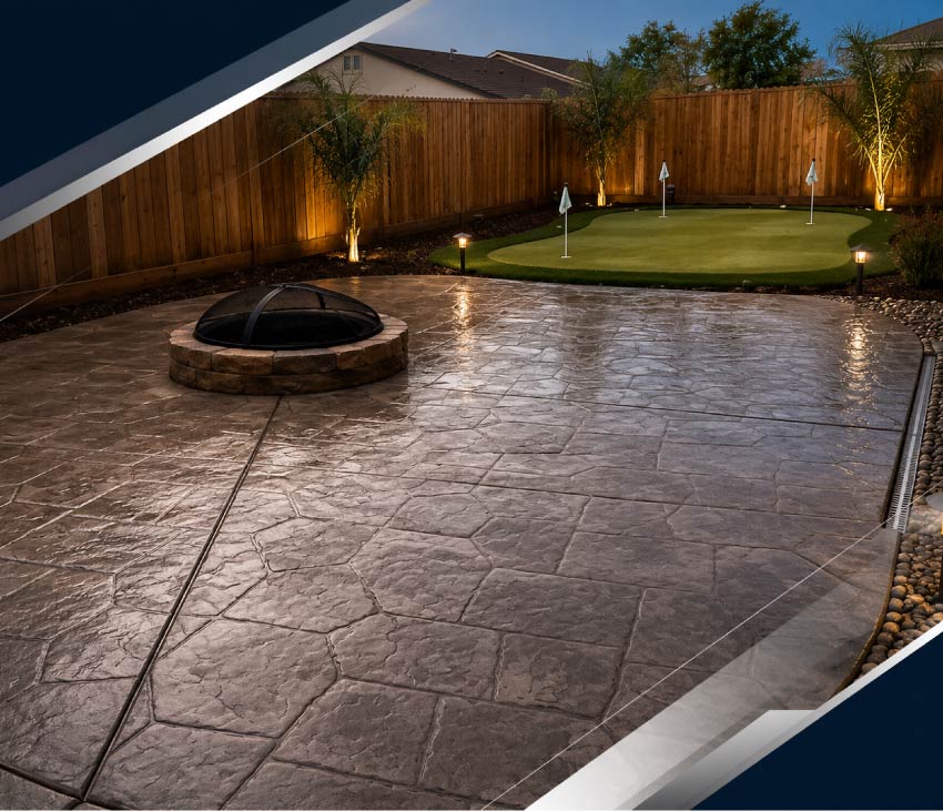Stamped concrete patio with fire pit overlooking backyard putting green at night